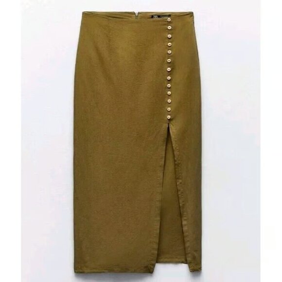 Zara Khaki Green Button-Front Side Slit Maxi Skirt S - Picture 2 of 5